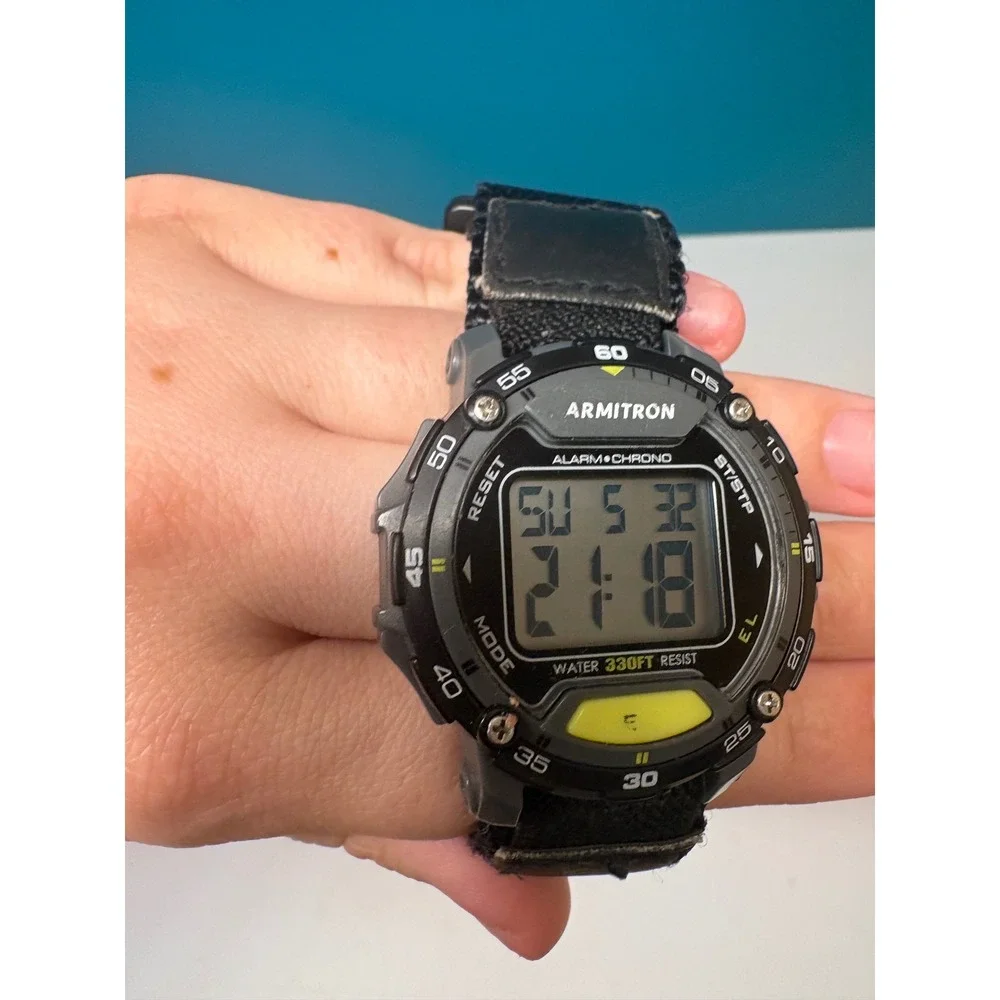 Armitron Digital Sport Watch Black Nylon Strap 330FT Water Resist Alarm Chrono